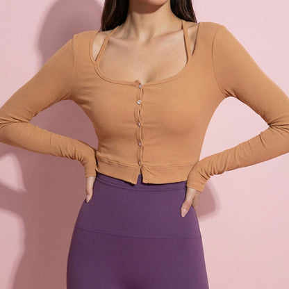 Cropped Button-Up Ribbed Long Sleeve Top with Scoop Neckline