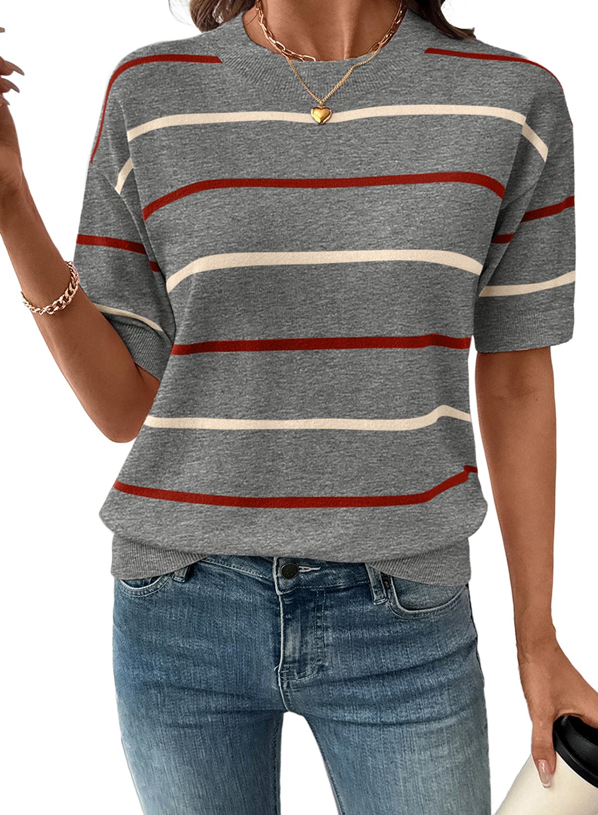 Womens Tops Crewneck Short Sleeve Sweater Pullover Knit Striped Shirt Spring Outfits for Women 2026