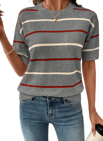 Womens Tops Crewneck Short Sleeve Sweater Pullover Knit Striped Shirt Spring Outfits for Women 2026