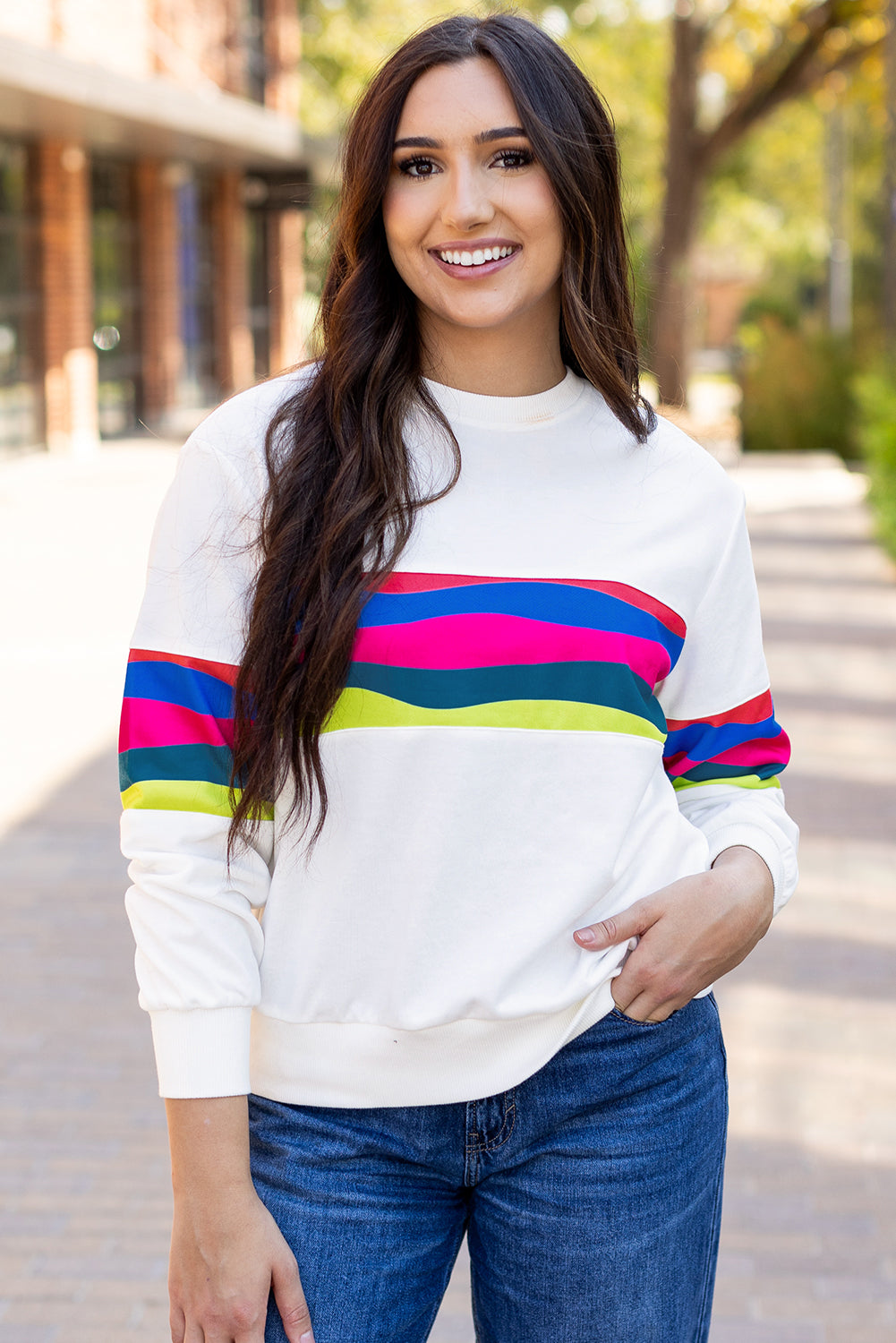 Threaded Pear Alora Striped Accent Long Sleeve Top