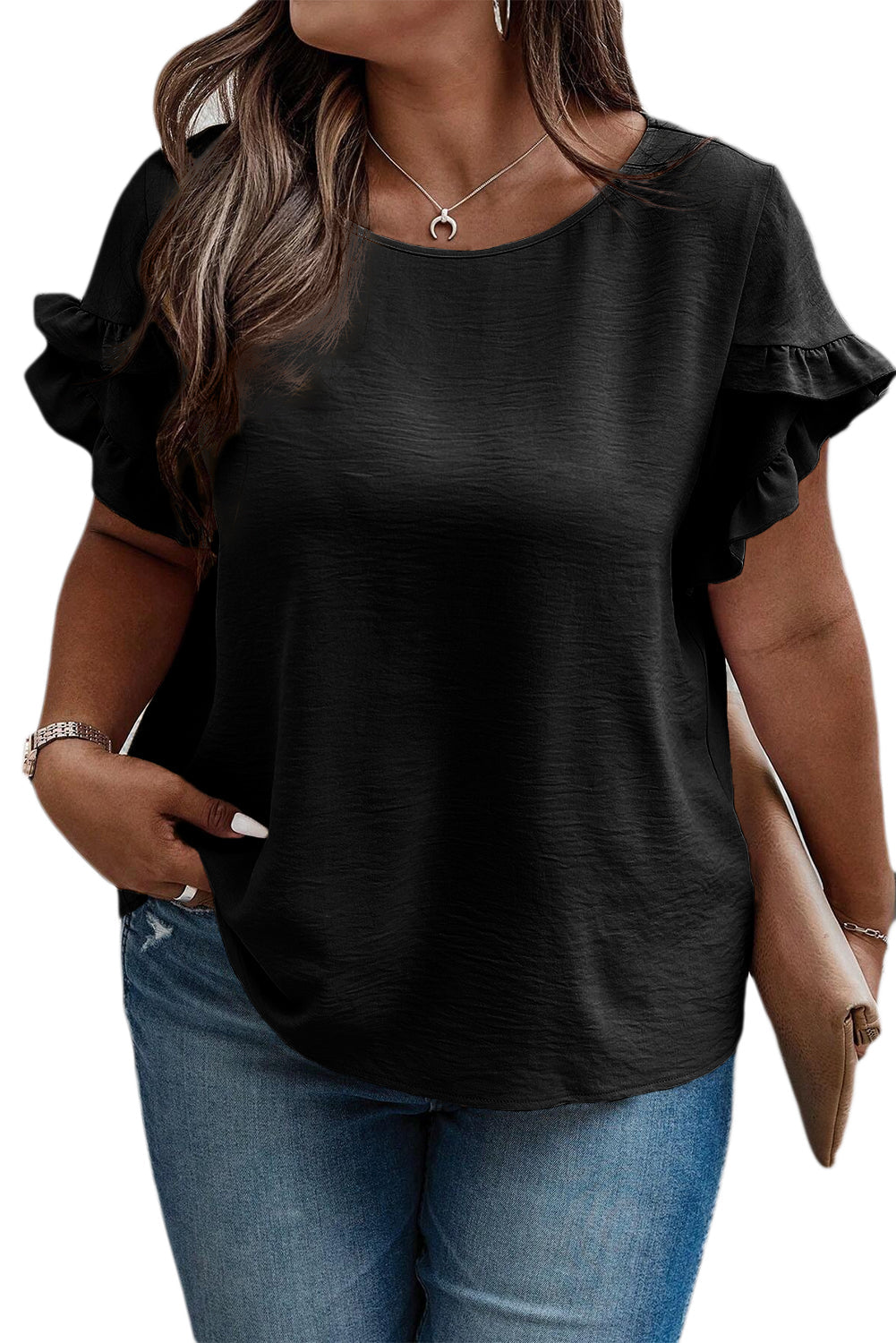 Threaded Pear Paulina Ruffled Short Sleeve Plus Size Top