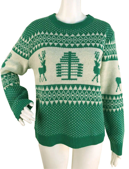 Women’s Christmas Elk Geometric Print Sweater | Cute Reindeer Knitted Winter Pullover | Nordic Style Festive Graphic Jumper | Cozy Holiday Crewneck Knitwear