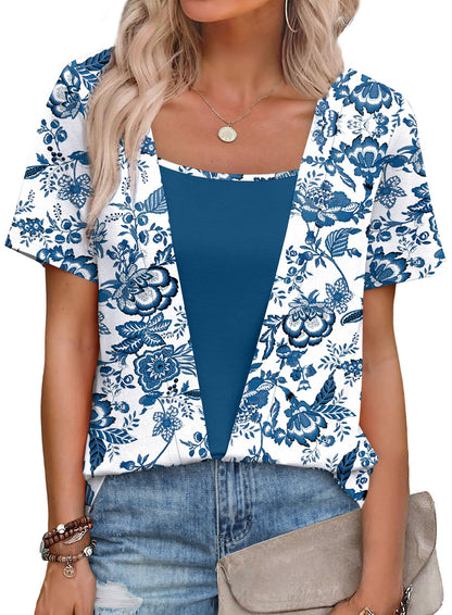 Womens Trendy 2 in 1 Blouses Short Sleeve Shirts Casual Beach Vacation Clothes