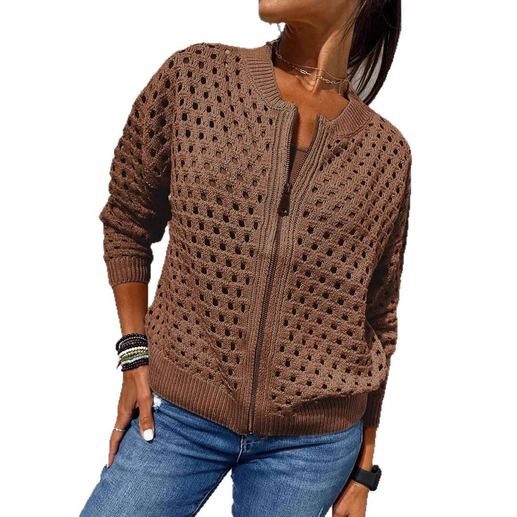 Women’s Fashion Hollow Knitted Zip-Up Jacket | Long-Sleeved Breathable Crochet Top | Trendy Lightweight Knit Cardigan | Modern Urban Layering Jacket for Women
