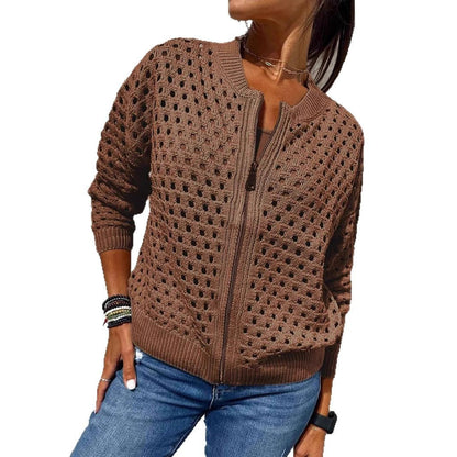 Women’s Fashion Hollow Knitted Zip-Up Jacket | Long-Sleeved Breathable Crochet Top | Trendy Lightweight Knit Cardigan | Modern Urban Layering Jacket for Women