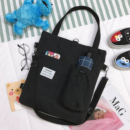 Harajuku Style Canvas Handbag for Students | Multi-Pocket Preppy Backpack & Shoulder Bag | Kawaii Schoolbag for Women | Large Capacity Versatile Tote for College & Travel