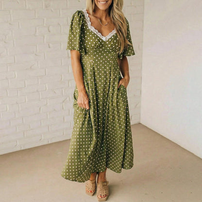 HOT SALE Women's Polka Dot Lacy Neckline Smocked High Waist Maxi Dress