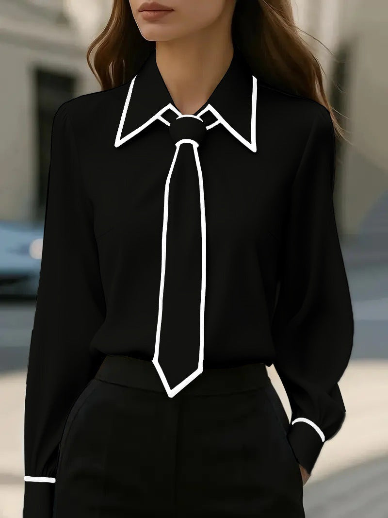 Women’s Autumn Tie-Neck Commute Shirt | Solid Color Long Sleeve Professional Blouse | Modern Office Wear Formal Top | Elegant Tie-Design Fashion Shirt