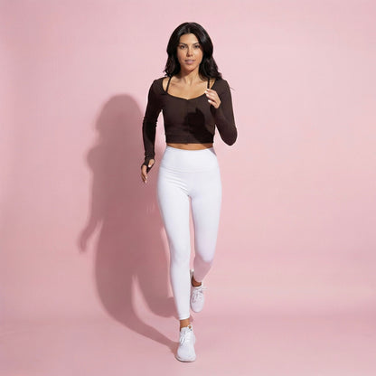 Cropped Button-Up Ribbed Long Sleeve Top with Scoop Neckline