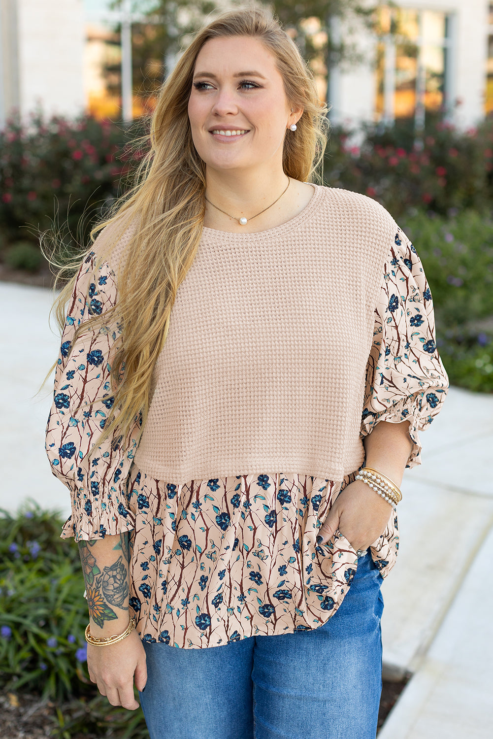 Threaded Pear Beige Faux Two Piece Knit Patchwork Floral Print Plus Size Top
