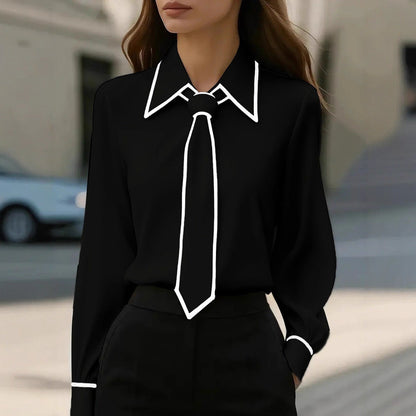 Women’s Autumn Tie-Neck Commute Shirt | Solid Color Long Sleeve Professional Blouse | Modern Office Wear Formal Top | Elegant Tie-Design Fashion Shirt