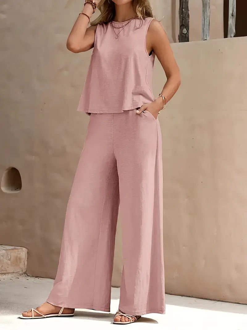 Women’s Solid Color Casual Loose Pants Set | Elegant Spring Summer Two-Piece Suit | High-Sense Breathable Full Trouser Set | Trendy Minimalist Wide-Leg Female Outfit | 2026 High-Fashion Relaxed Fit Co-ord Set
