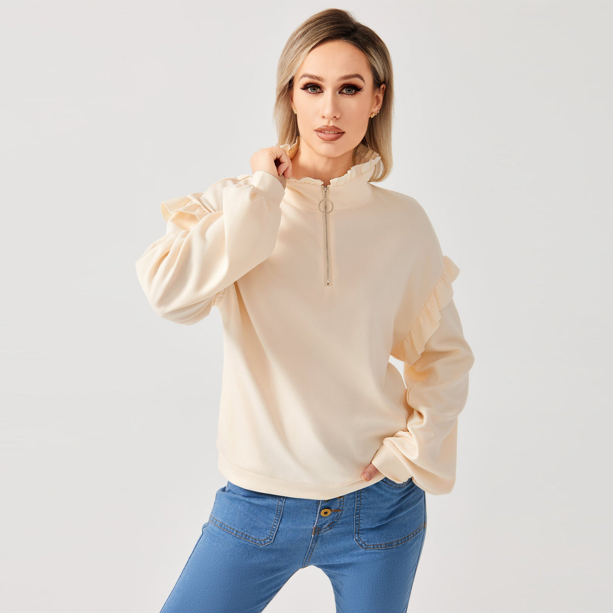 Women’s Casual Ruffle Trim Half-Zip Sweatshirt | Trendy Frill Detail Quarter-Zip Pullover | Elegant Long Sleeve Sporty Sweatshirt | Modern Loose Fit Ruffled Jumper | 2026 Stylish Fall/Winter Streetwear