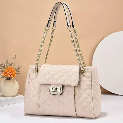 Women’s Quilted Rhombus Chain Shoulder Bag | Large Capacity Embroidery Thread Messenger Bag | Elegant Solid Color Crossbody Tote | Designer Style Diamond Lattice Chain Bag | 2026 Luxury Work & Travel Handbag