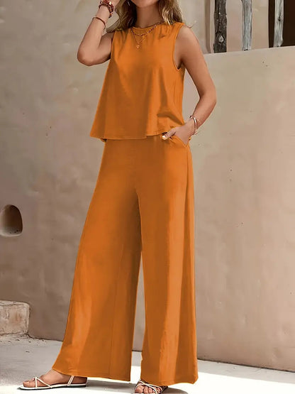 Women’s Solid Color Casual Loose Pants Set | Elegant Spring Summer Two-Piece Suit | High-Sense Breathable Full Trouser Set | Trendy Minimalist Wide-Leg Female Outfit | 2026 High-Fashion Relaxed Fit Co-ord Set