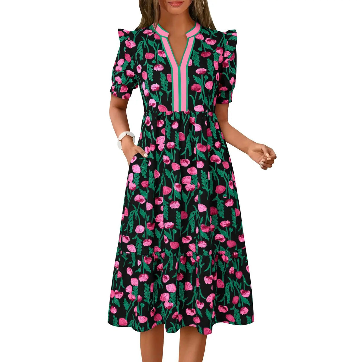 Women's Summer Midi Dress Casual Floral Puff Short Sleeve V Neck Swing