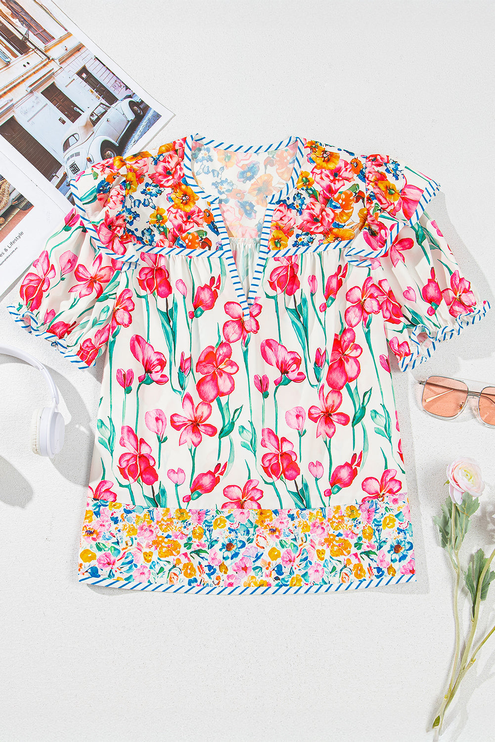 Threaded Pear Greta Floral Split Neck Short Sleeve Blouse