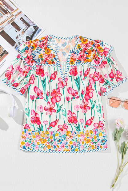Threaded Pear Greta Floral Split Neck Short Sleeve Blouse