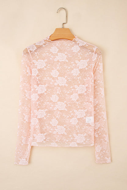 Threaded Pear Myla Sheer Floral Lace Mesh Mock Neck Long Sleeve Top