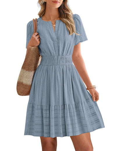 Women's V-Neck Elastic Waist Tiered Mini Dress