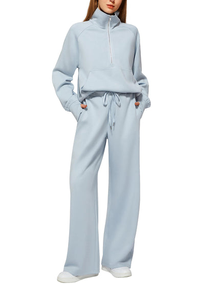 Women's Oversized Half Zip Wide Leg 2 Piece Outfits Lounge Set