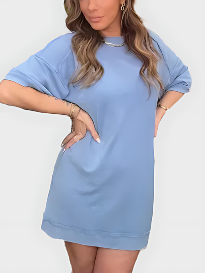 Washed Cotton Crew Neck Casual Mini Dress