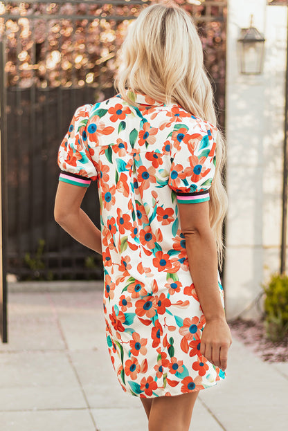 Threaded Pear Rayne Floral Split Neck Puff Short Sleeve Tiered Dress