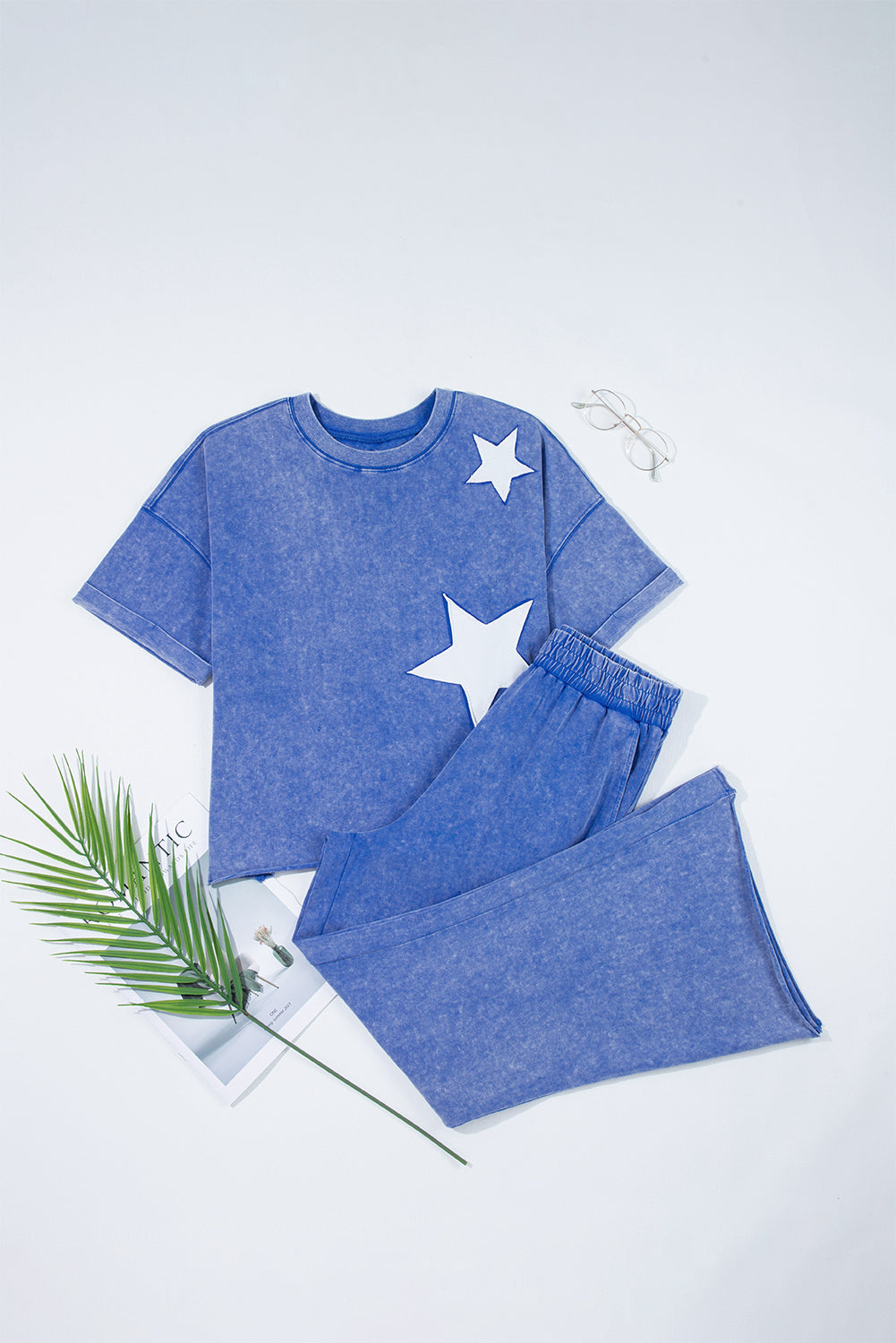 Threaded Pear Arabella Acid Wash Star Patched Rolled Trim Pants Set