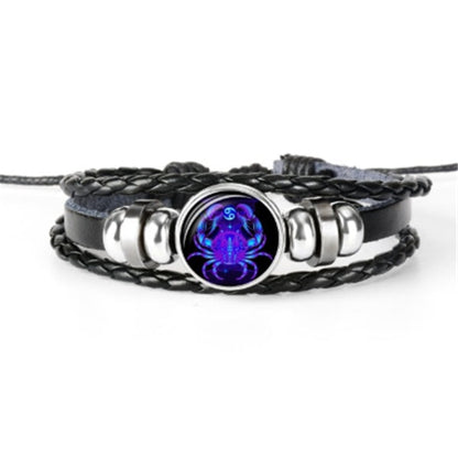 12 Zodiac Constellation Luminous Bracelet | Handmade Braided Leather Astrology Bracelet | Glow-in-the-Dark Birthday Gift for Men, Women & Kids