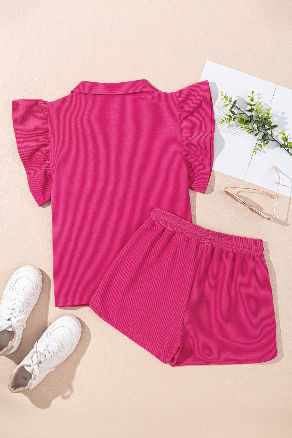 Threaded Pear Sol Striped Detail Flutter Sleeve Zipped Collar Short Set