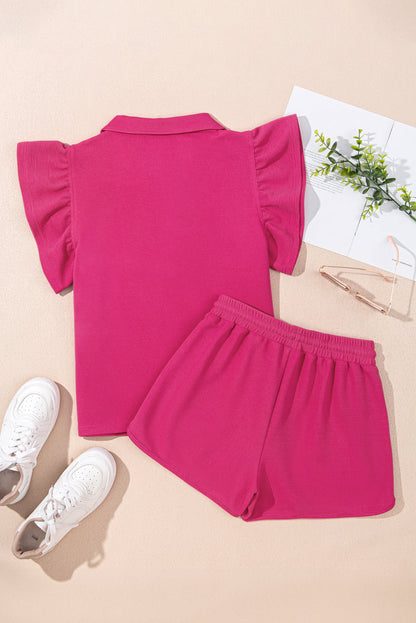 Threaded Pear Sol Striped Detail Flutter Sleeve Zipped Collar Short Set