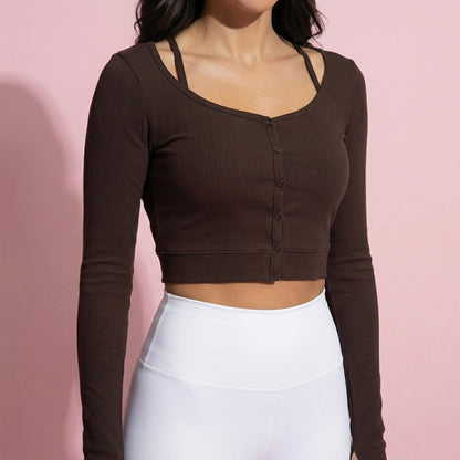 Cropped Button-Up Ribbed Long Sleeve Top with Scoop Neckline