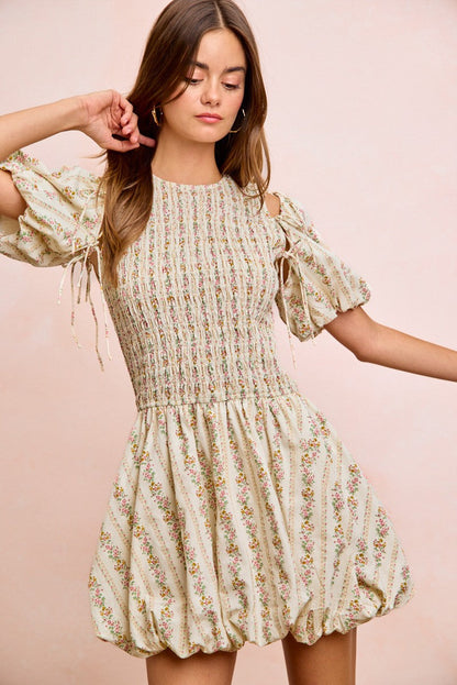 BiBi Floral Bow Tie Attachable Puff Sleeves Dress