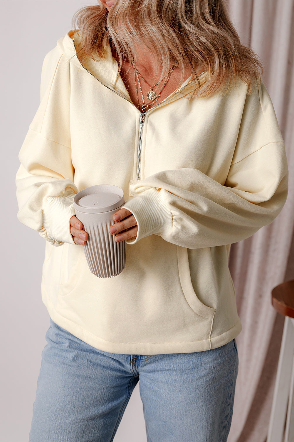 Threaded Pear Kate Fleece Lined Half Zipper Kangaroo Pockets Loose Hoodie