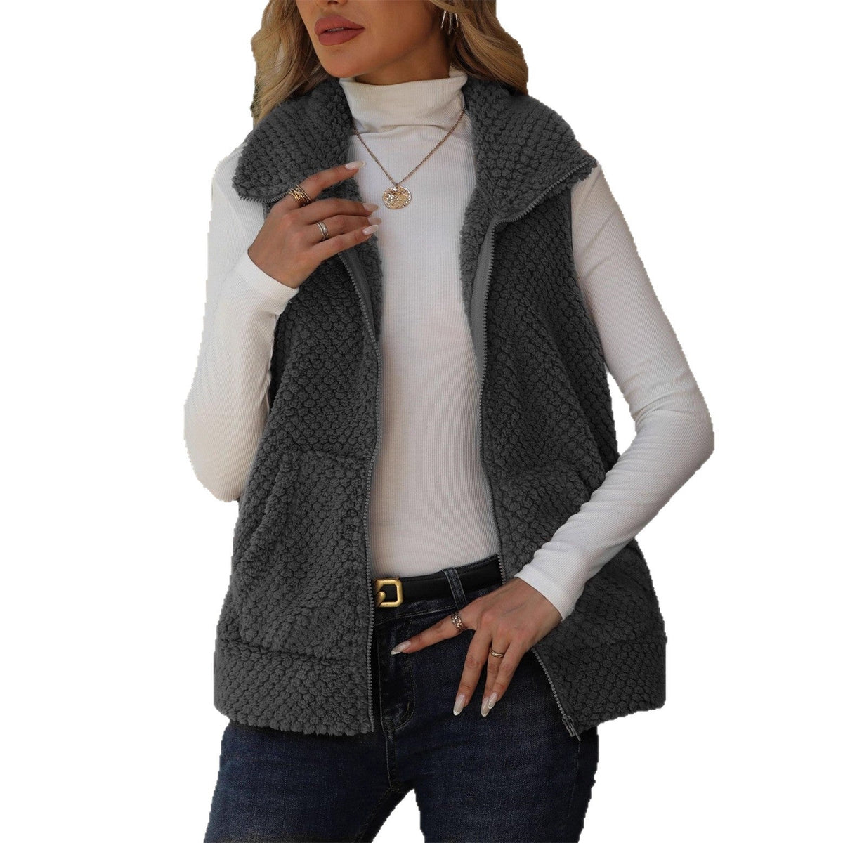 Women’s Double-Sided Fleece Zipper Vest | Loose Fit Plush Cardigan Gilet with Pockets | Cozy Winter Sleeveless Jacket | Elegant Commuter Fleece Waistcoat
