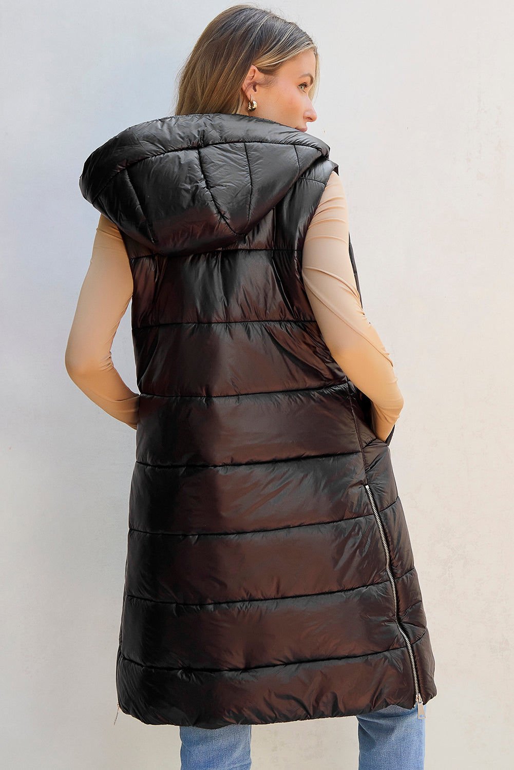 Threaded Pear Black Hooded Long Quilted Vest PLUS Coat