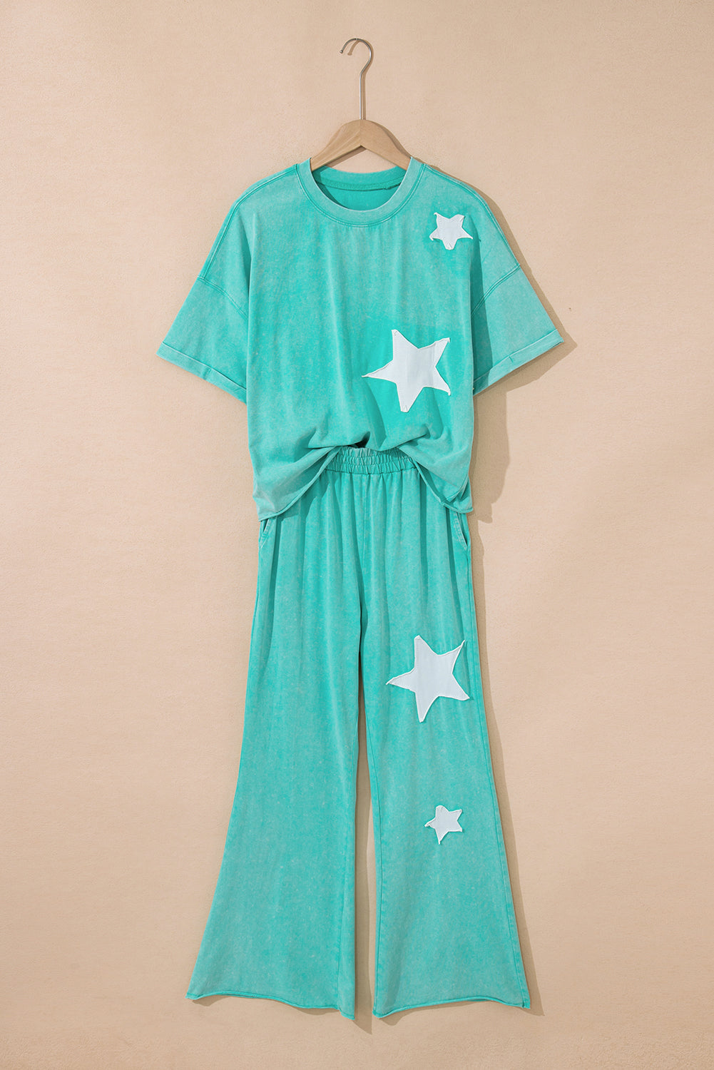 Threaded Pear Arabella Acid Wash Star Patched Rolled Trim Pants Set