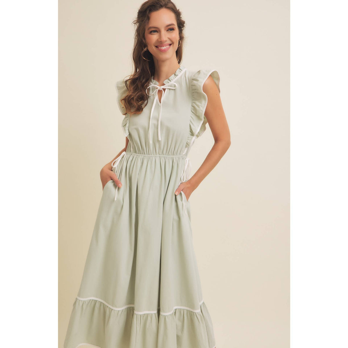 Annie- Cotton Gauze Midi Dress With Ruffles and Contrast Binding