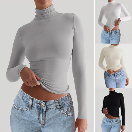 Women’s Y2K Slim Fit Turtleneck T-Shirt | Elegant Long Sleeve Mock Neck Pullover | Casual Tight-Fit Basic Top | Modern Minimalist Streetwear Pullover for Women | 2026 Trend Essential