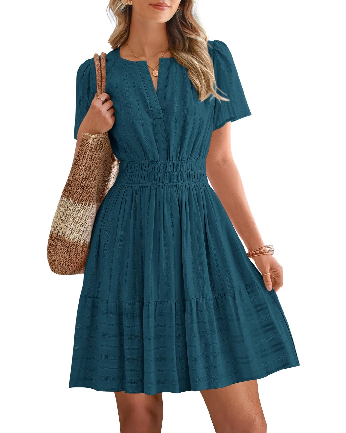 Women's V-Neck Elastic Waist Tiered Mini Dress
