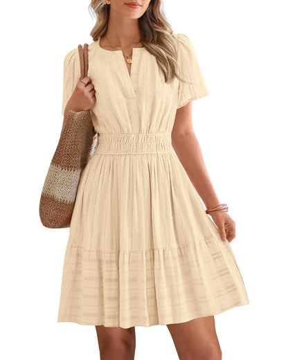 Women's V-Neck Elastic Waist Tiered Mini Dress