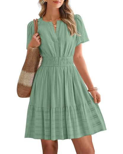 Women's V-Neck Elastic Waist Tiered Mini Dress
