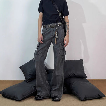 Retro Deconstructed Multi-Pocket Flared Cargo Pants for Men, Cool Streetwear Brand, Loose Clean Fit Straight Leg Casual Pants