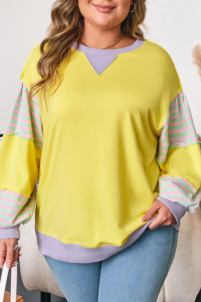 Threaded Pear Yellow Striped Color Block Patchwork Crewneck Plus Size Pullover Sweatshirt