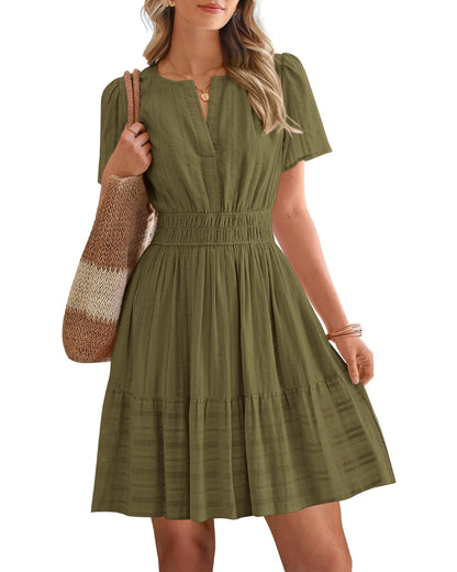 Women's V-Neck Elastic Waist Tiered Mini Dress