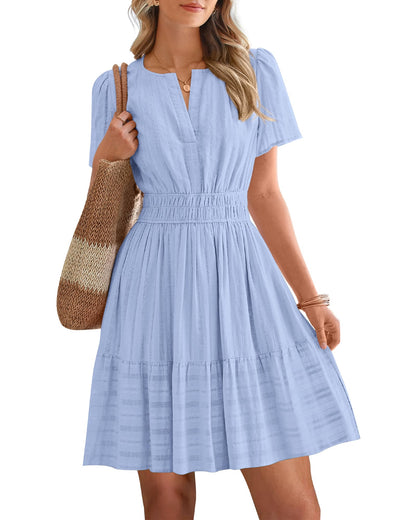 Women's V-Neck Elastic Waist Tiered Mini Dress