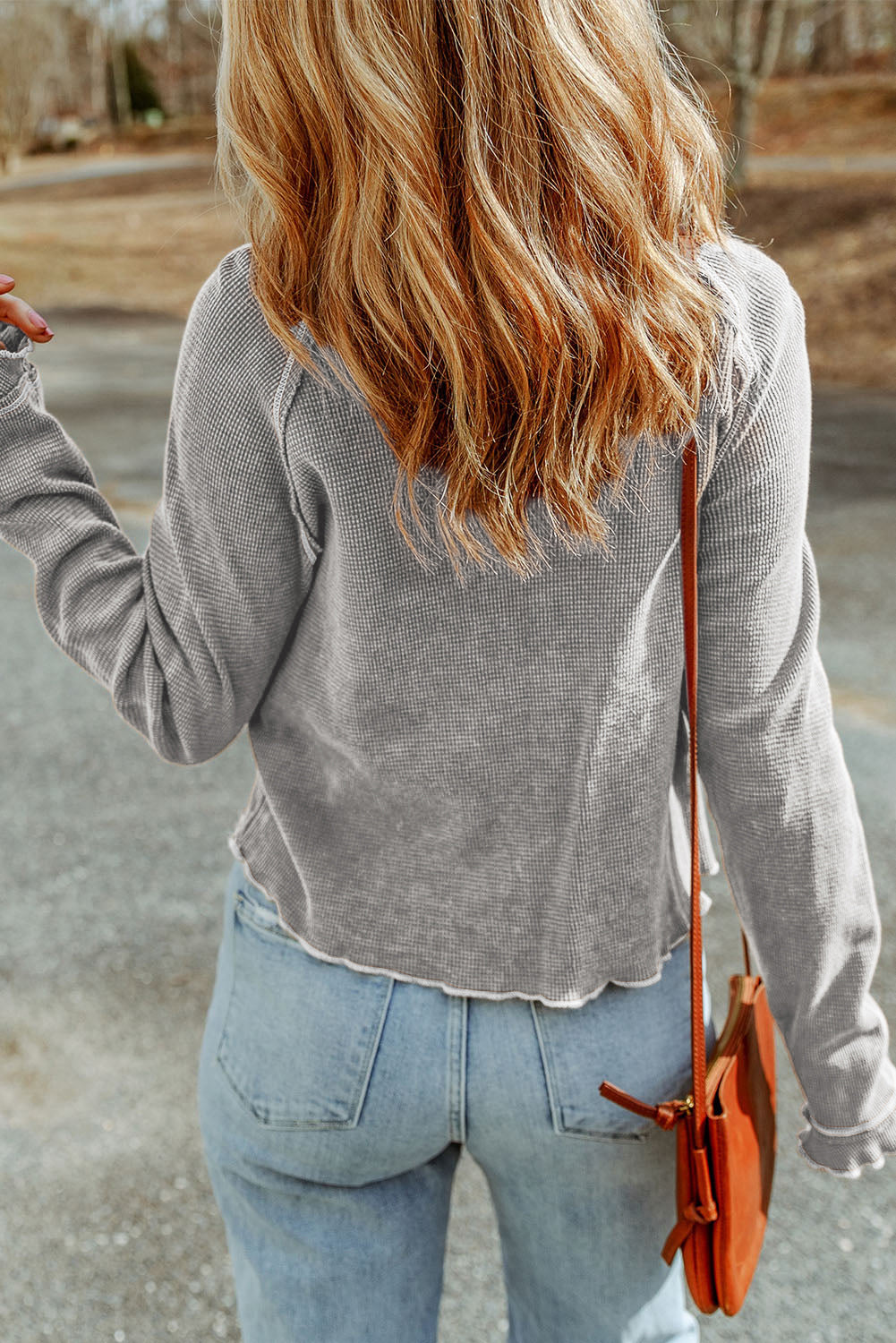 Threaded Pear Daisy Textured Round Neck Long Sleeve Top