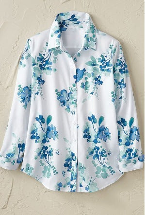 Women’s Simple Floral Print Long-Sleeve Shirt | Elegant Minimalist Floral Blouse | Casual Button-Down Nature-Inspired Top | Sophisticated "High-Sense" Floral Shirt for Women | 2026 Spring Collection