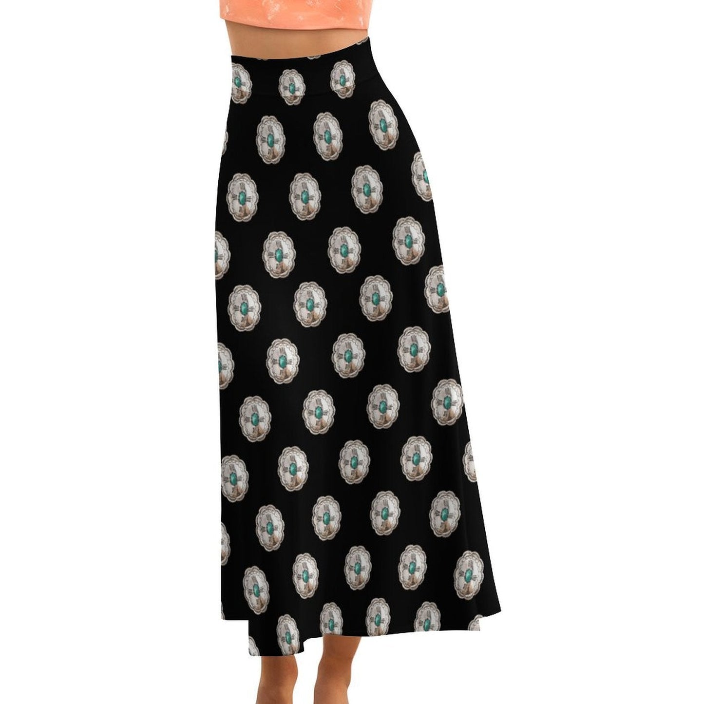 Baha Ranch Turquoise Silver Concho Maxi Skirt
