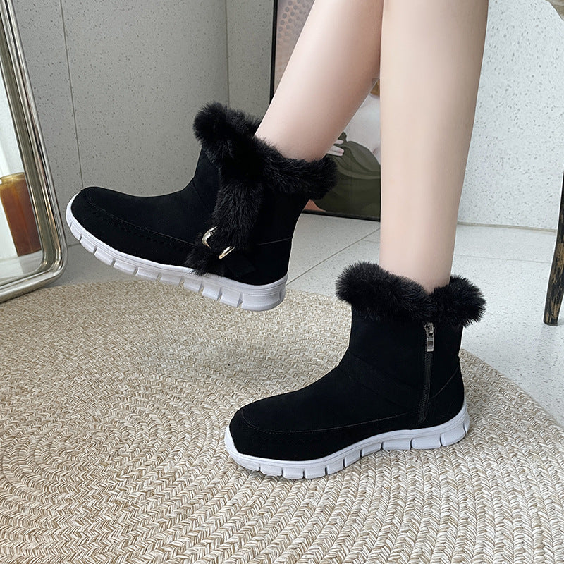 Women’s Thickened Winter Snow Boots | High-Sense Plush Ankle Boots with Buckle Design | Trendy Minimalist Plus Velvet Flat Shoes | Luxury-Label Statuesque Warm Winter Footwear | 2026 High-Fashion Radiant Outdoor Boots